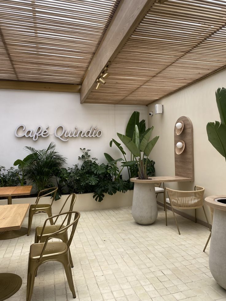 Interior de Café Quindío con materiales naturales y vegetación